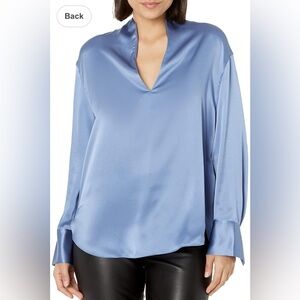 Vince Long Sleeve silk slit neck top in Hydrangea blue